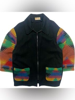 Vintage Herman Kay Black Wool Full Zip Colorful Southwestern Aztec Sleeve Jacket